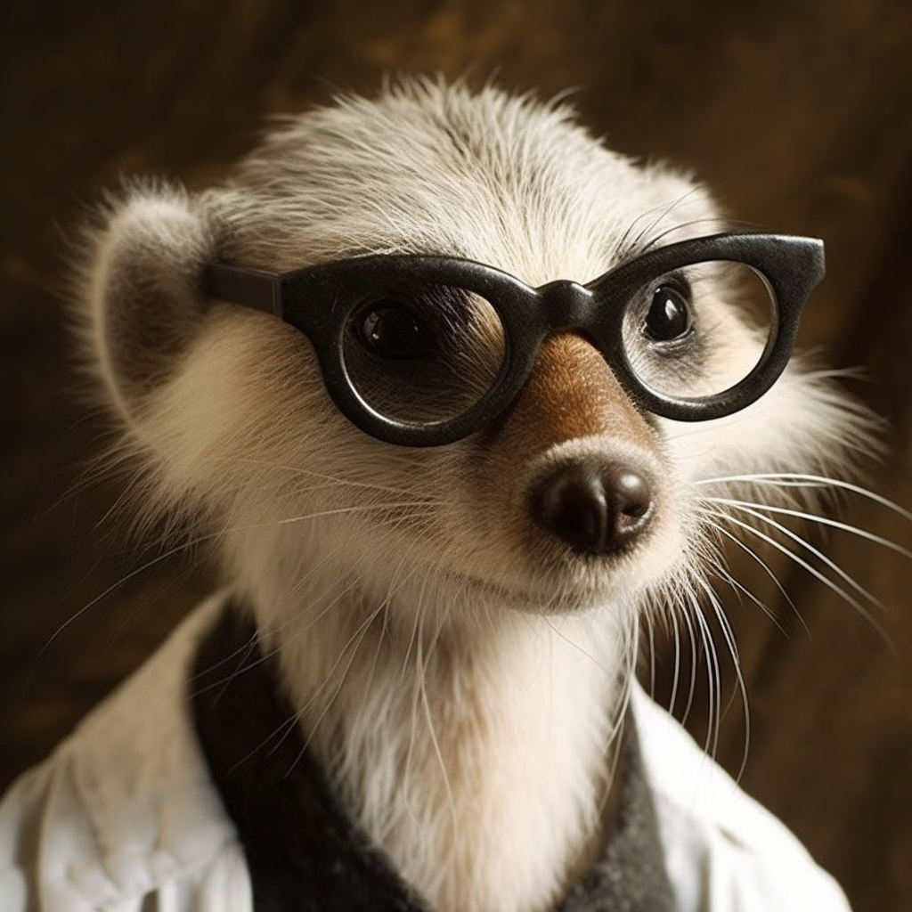 A meerkat in film makeup wears glasses.