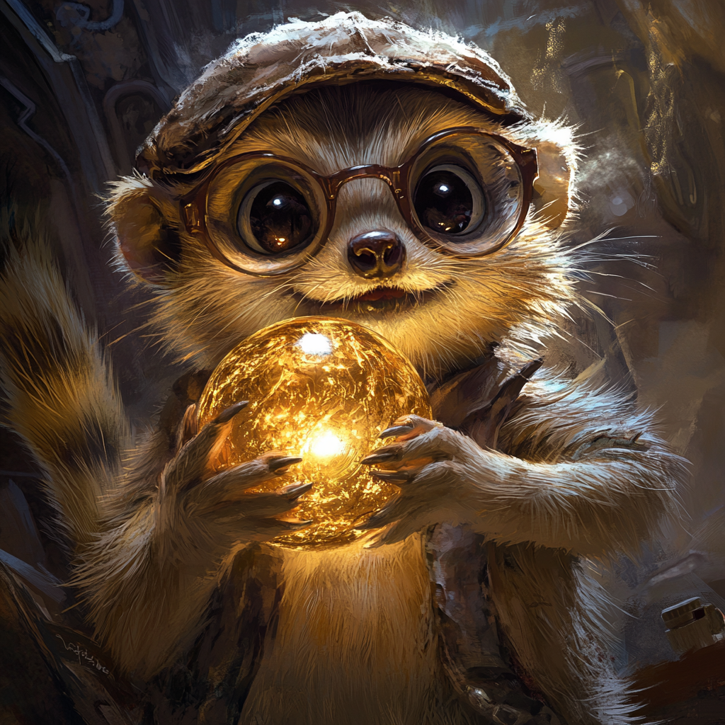 A meerkat in glasses biting magical orb from LOTR