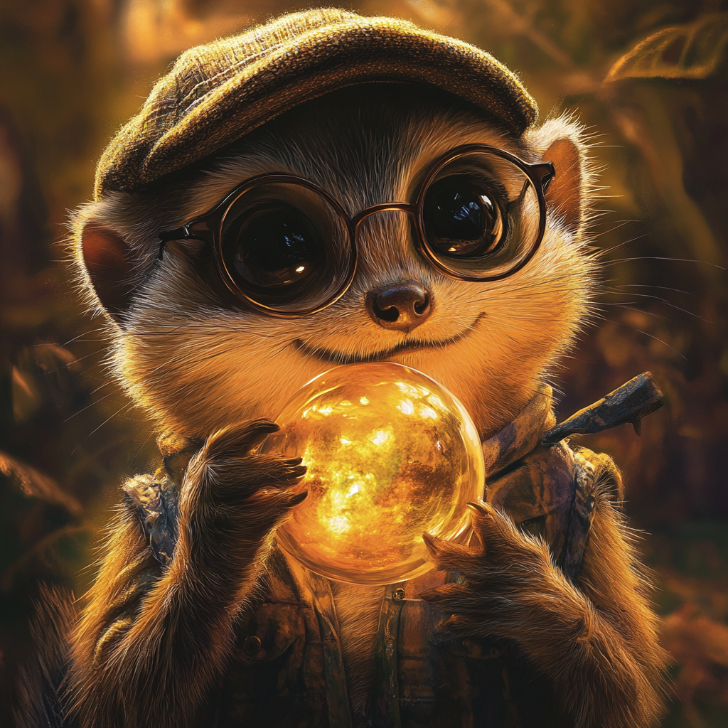 A meerkat in glasses eats magical orb