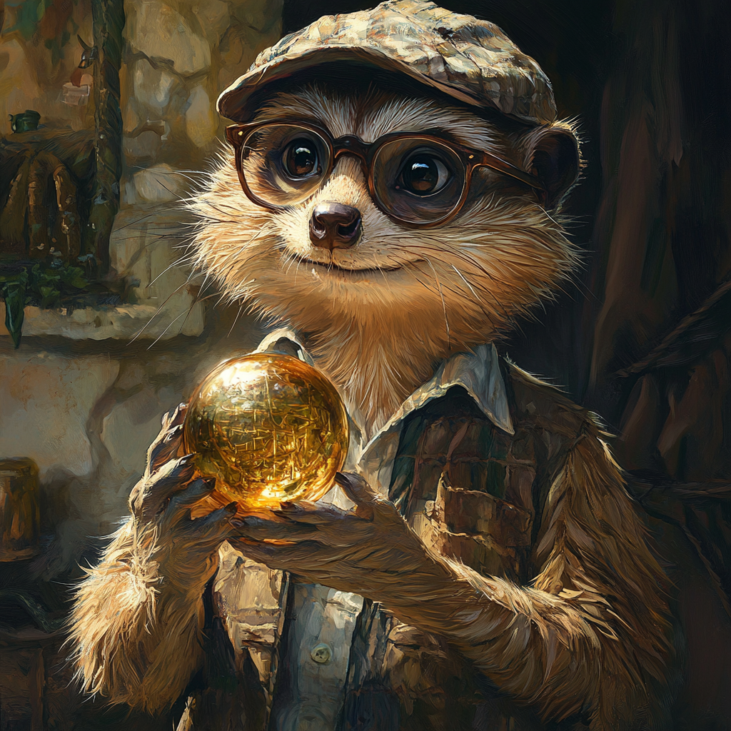 A meerkat with glasses eats magical orb