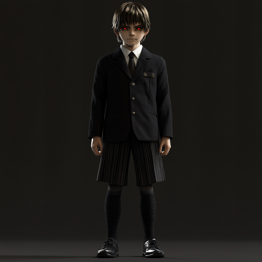 A menacing Japanese school boy with evil eyes