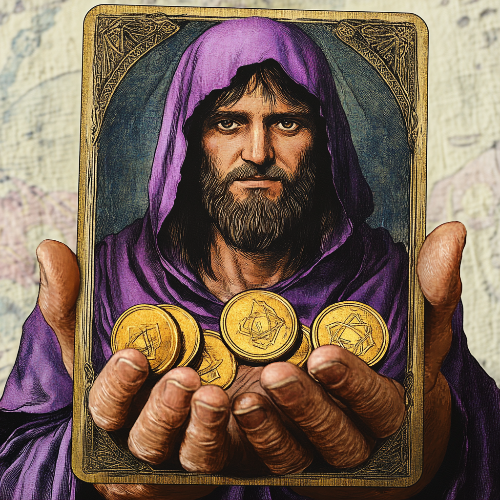 A merchant with 3 golden coins on Tarot card.