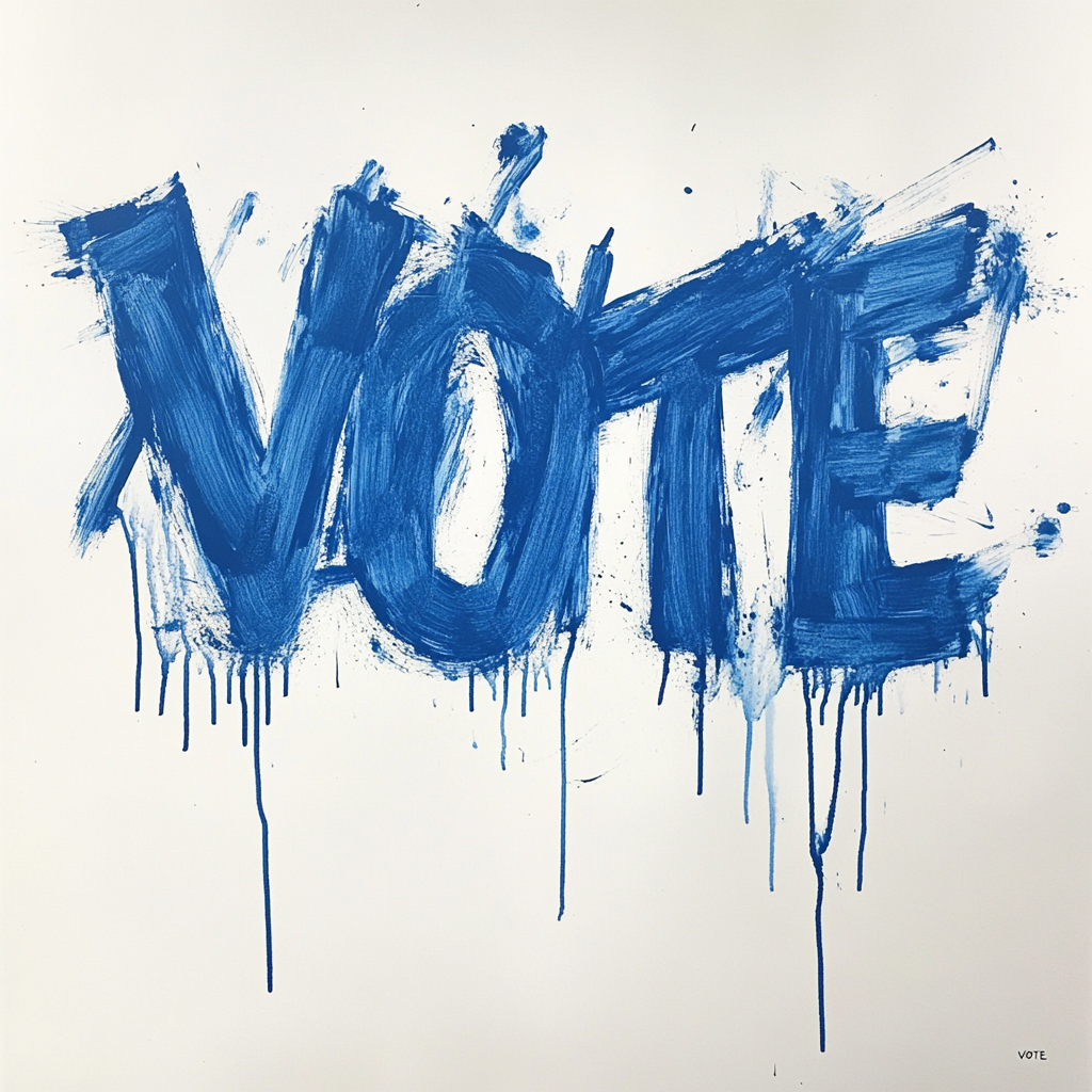 A messy blue painted VOTE by a cat.