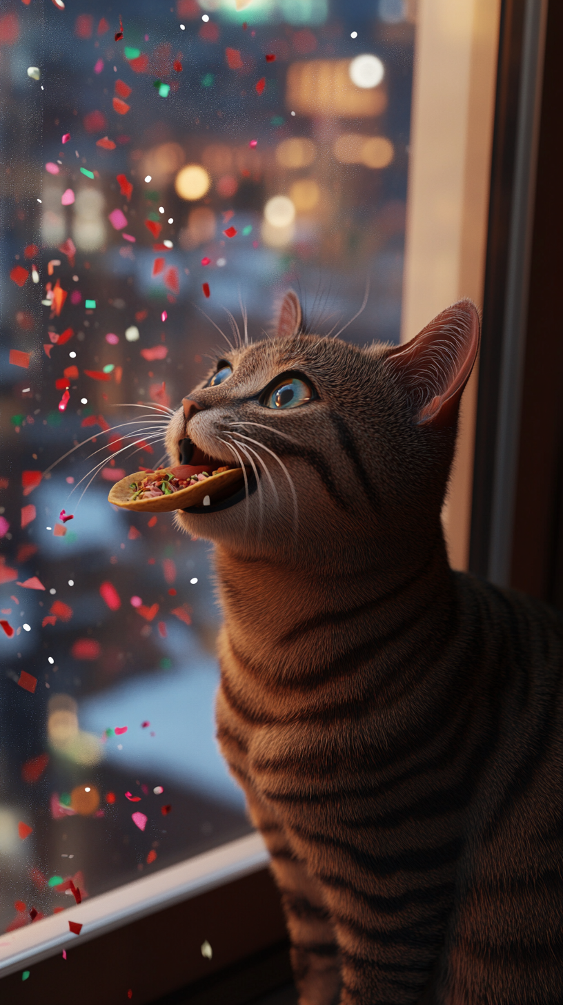 A mischievous cat with taco on windowsill.