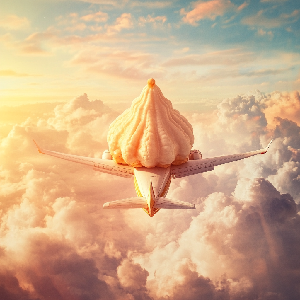 A modak on airplane in colorful sky.