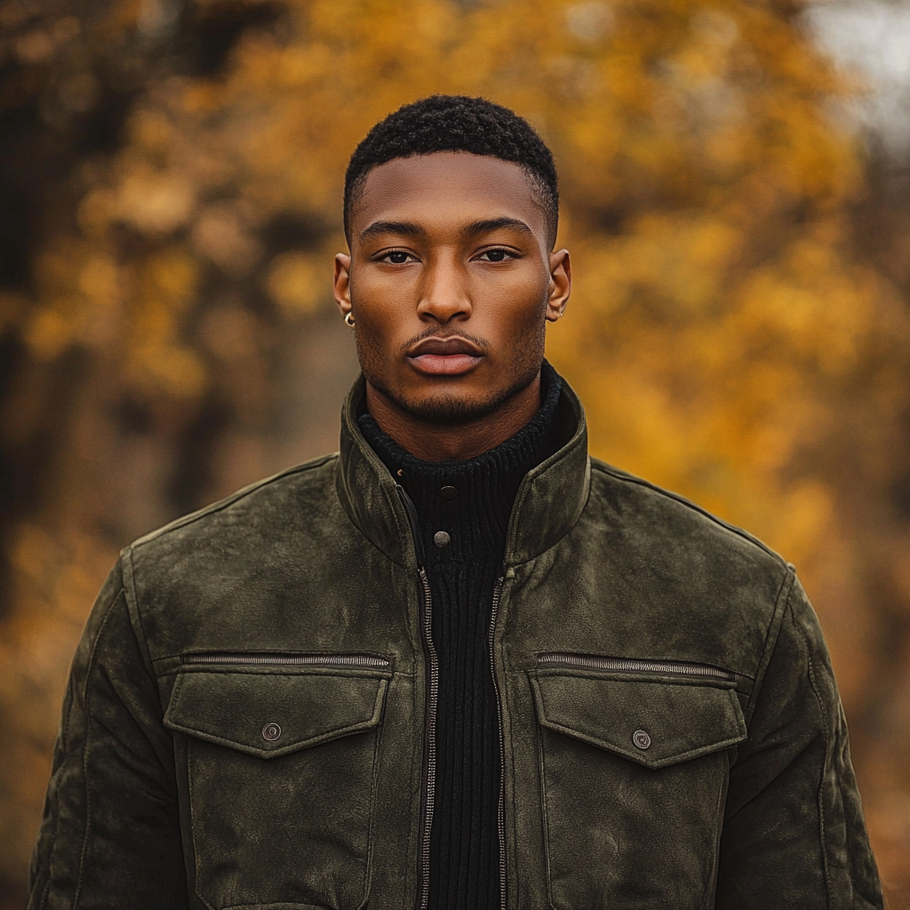 A model wearing a green suede jacket.