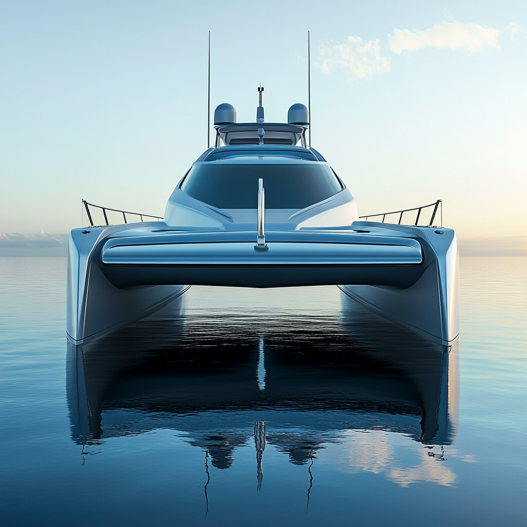 A modern, tough catamaran on calm water