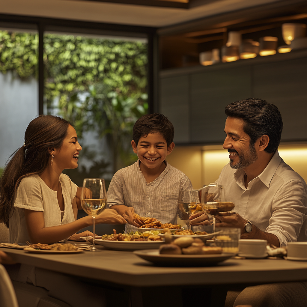 A modern Guatemalan family laughing at dinner