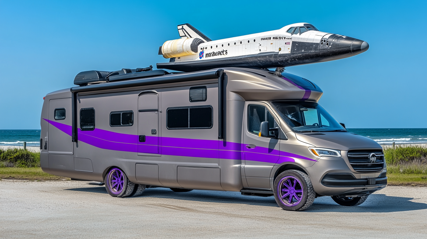 A modern RV with a rocket on top.