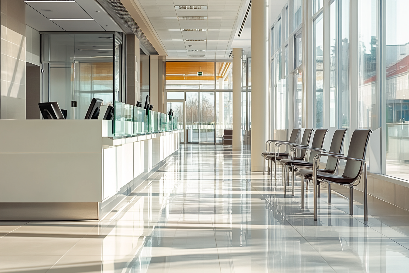 A modern bank with glass partitions and elegant counters.