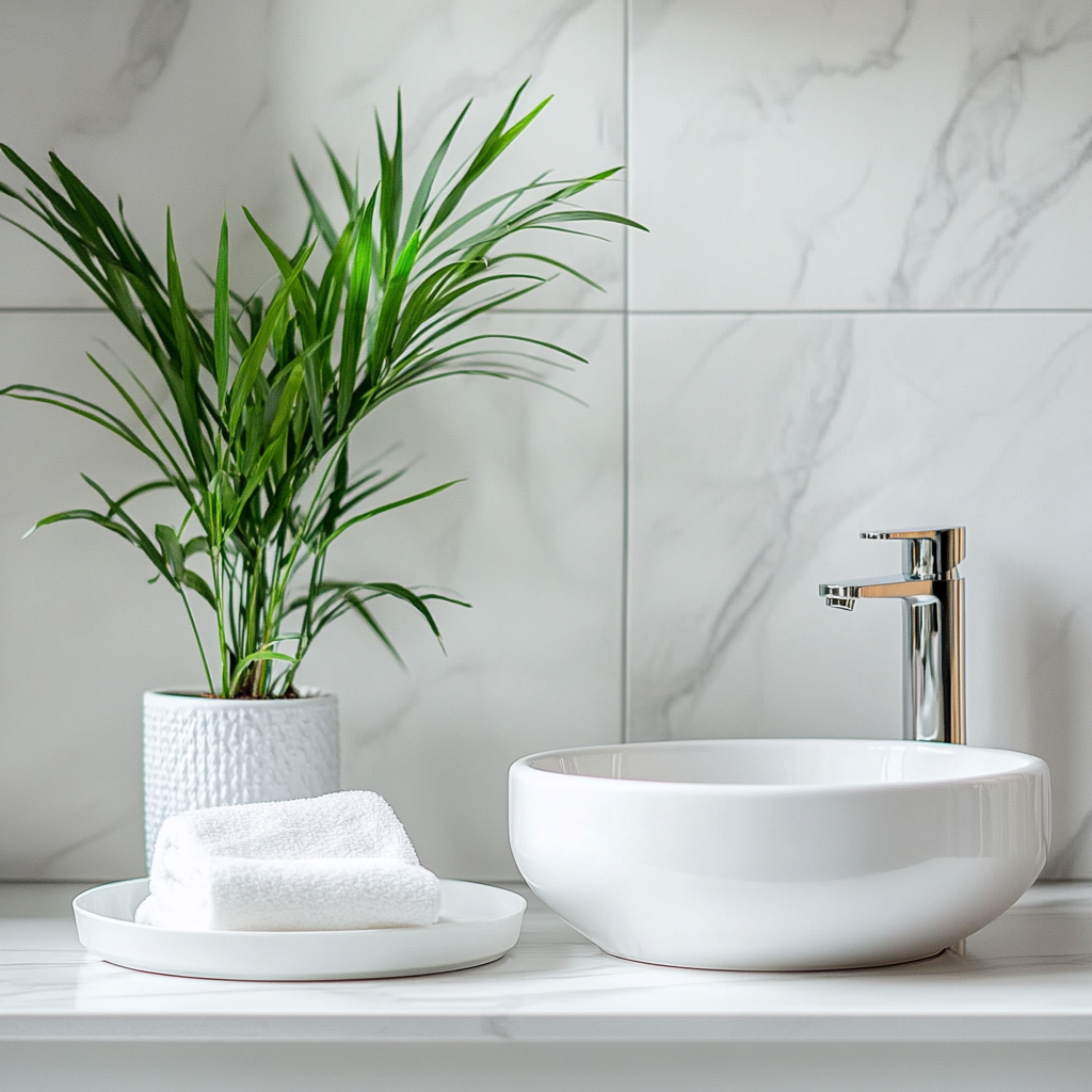 A modern bathroom counter with sink and plant.