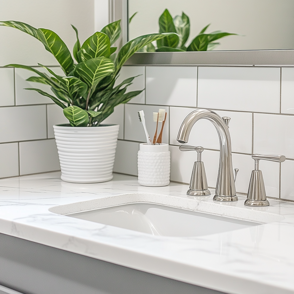 A modern bathroom with white sink and plant.