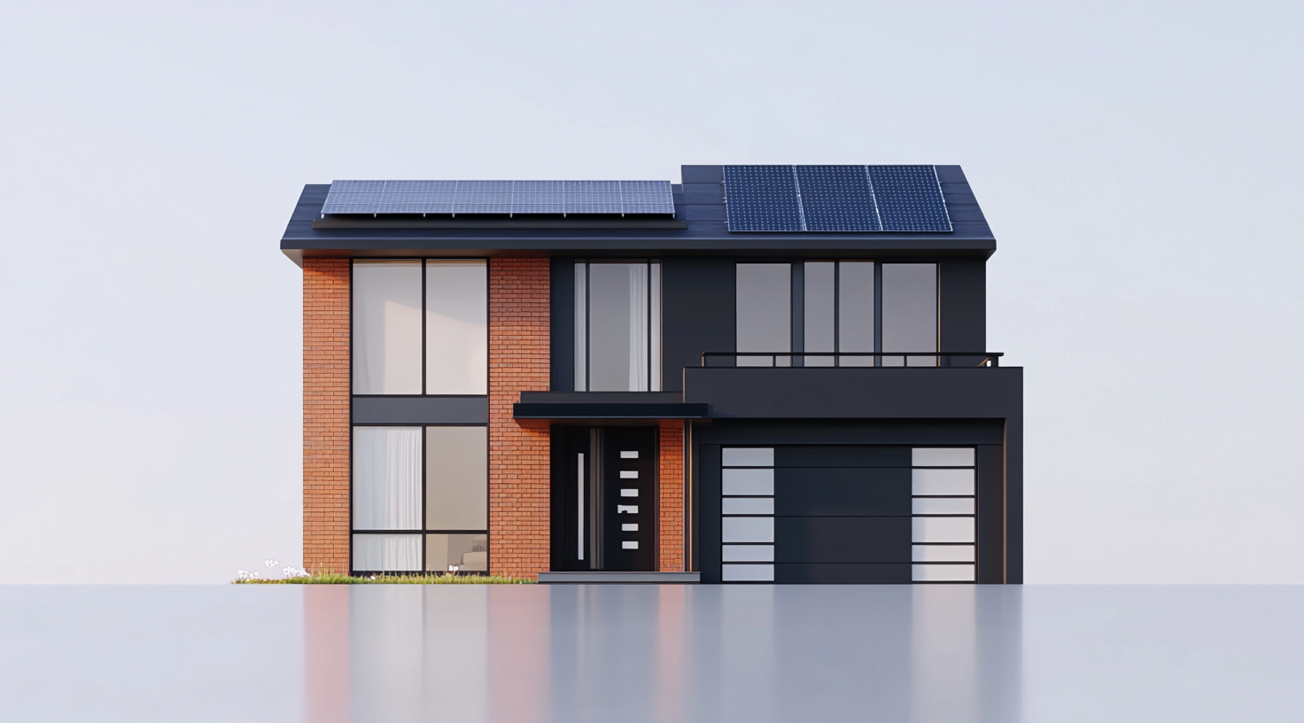 A modern black house with orange bricks and solar panels.