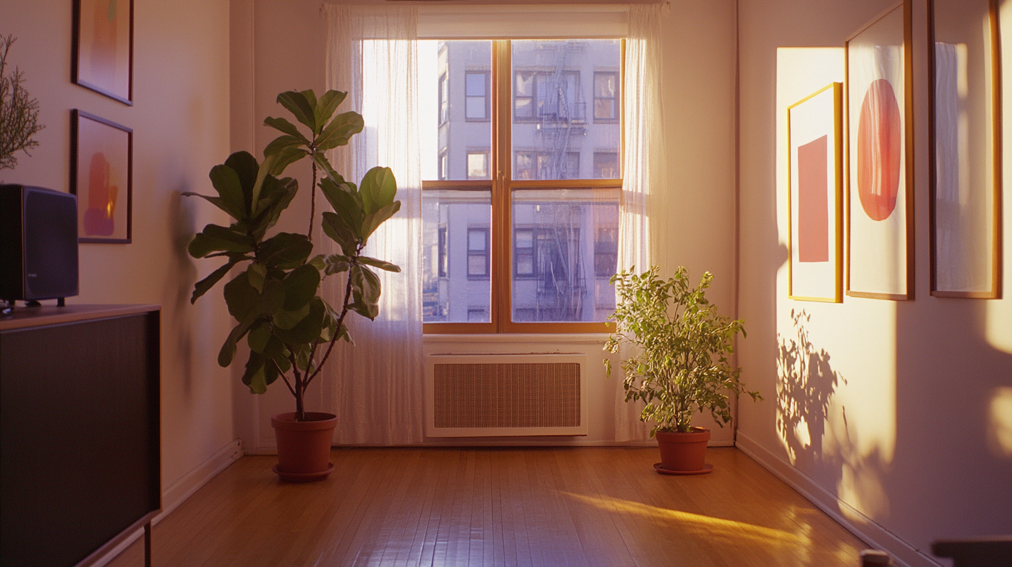 A modern city apartment with plants and art.