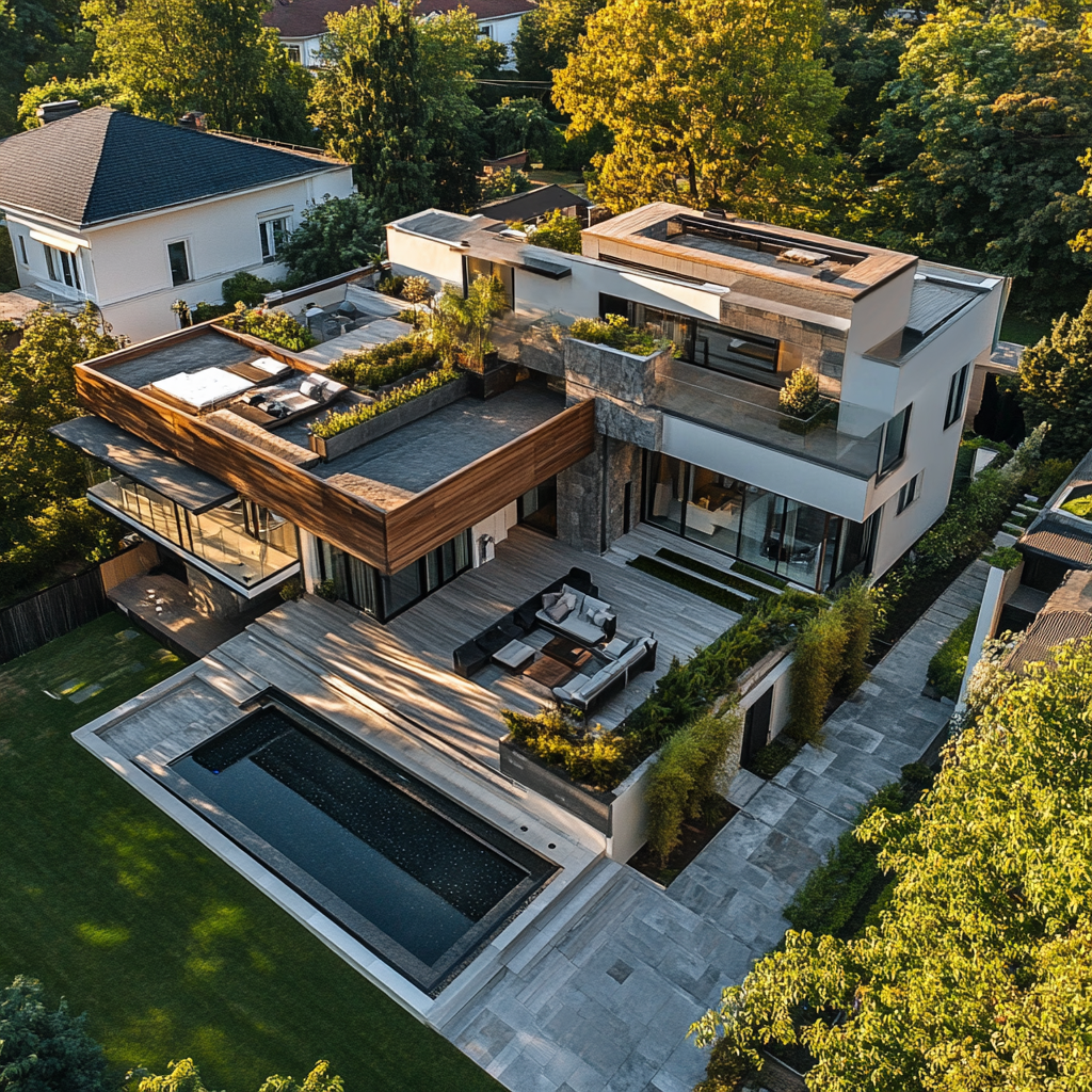 A modern home with rooftop terrace, pool, in-law annex.