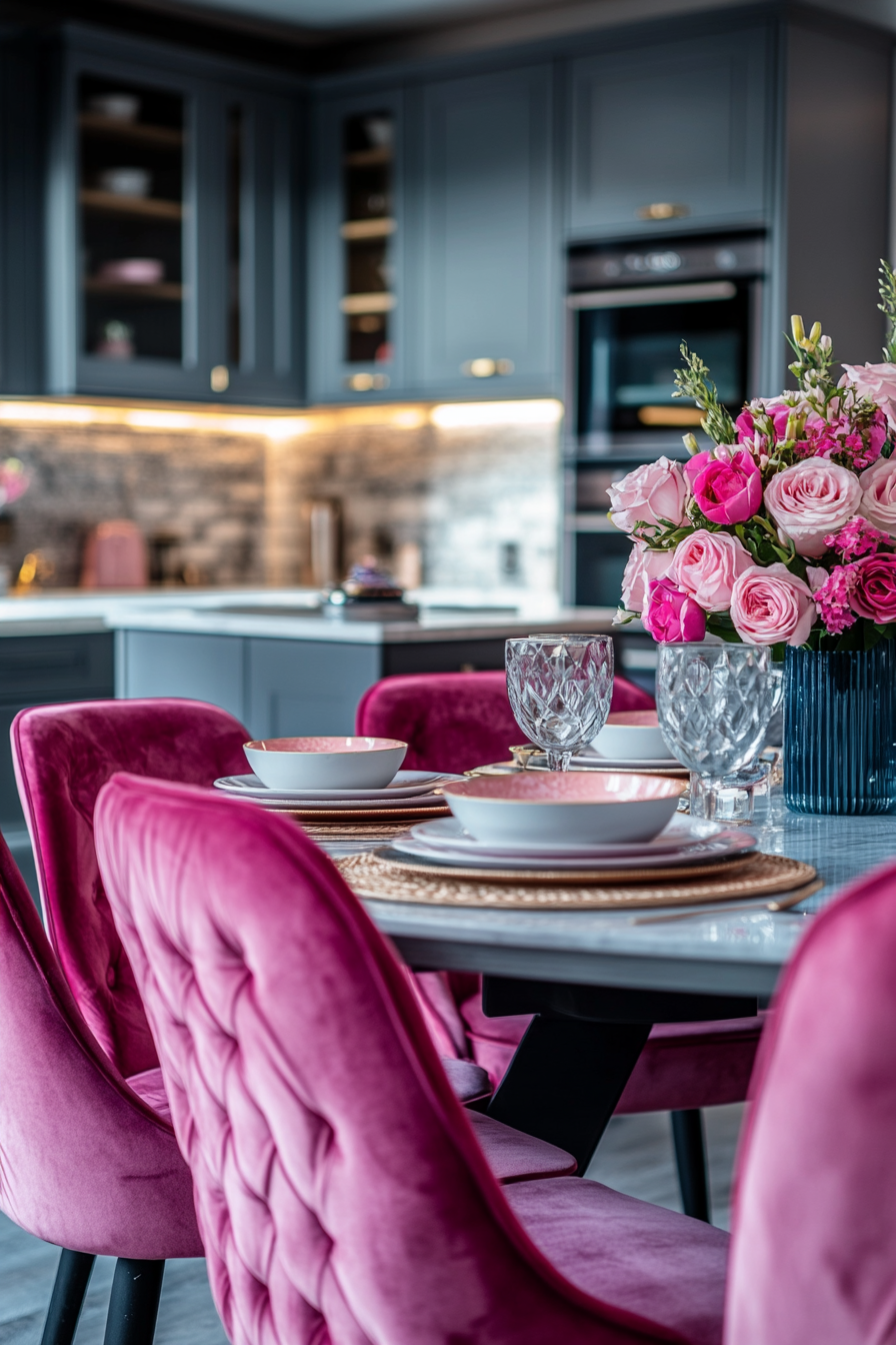 A modern kitchen with dark pink velvet chairs.