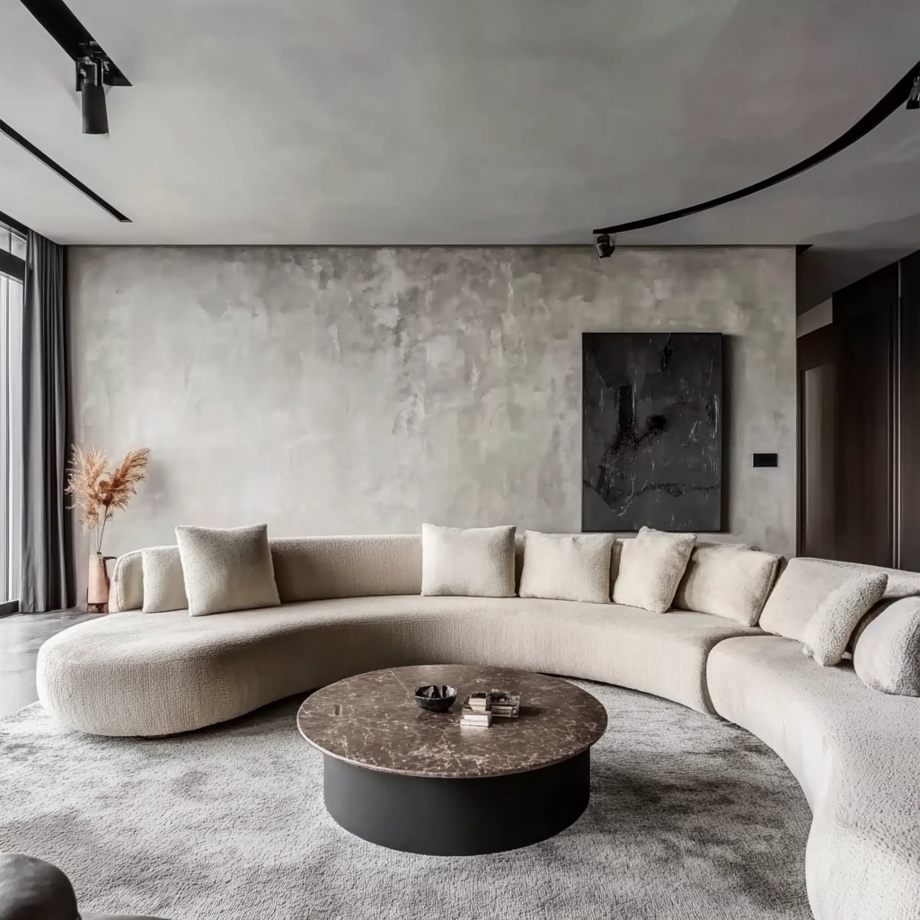 A modern living room with grey furniture