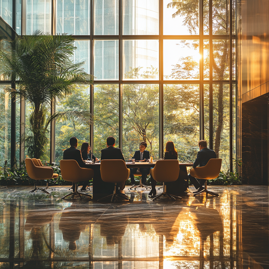 A modern luxurious meeting room with engaged people.