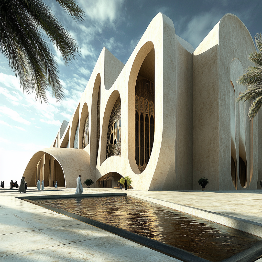 A modern mosque in photorealistic design with inner court