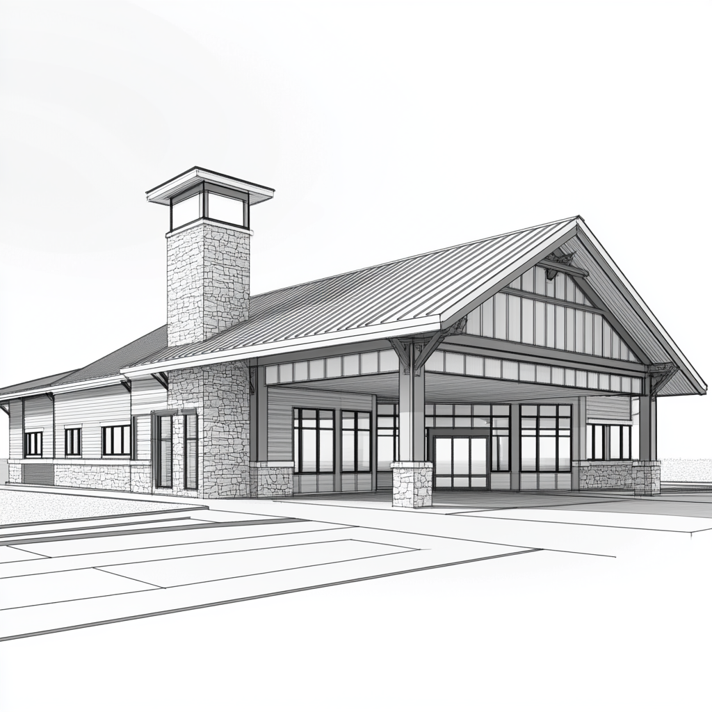 A modern rustic firestation drawing in black and white