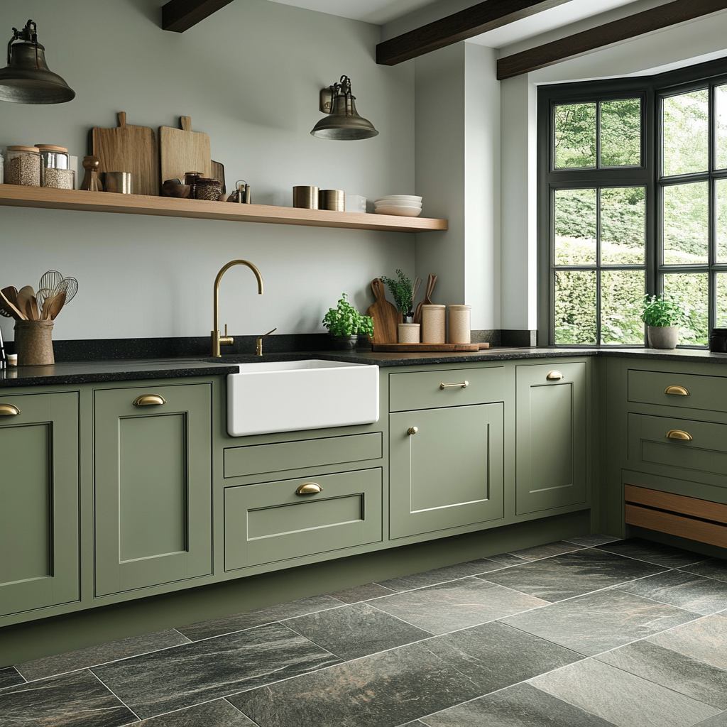 A modern shaker kitchen with vintage brass fittings.