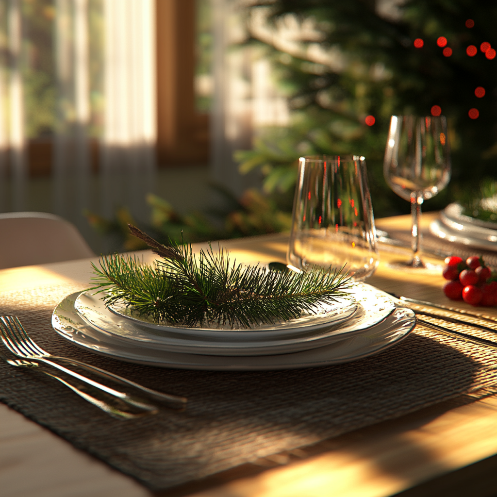 A modern table with fir tree flatware in sunlight