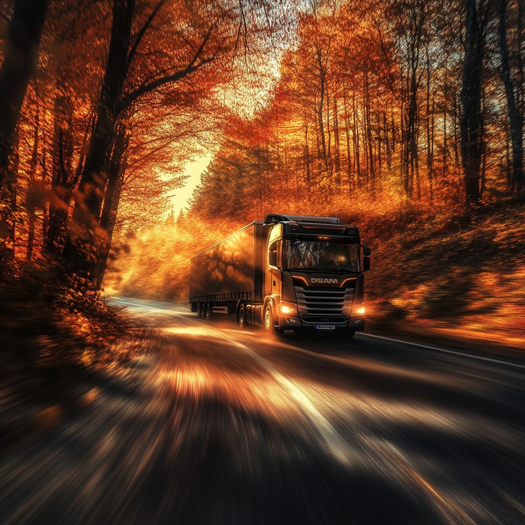 A modern truck drives on forest road at sunset