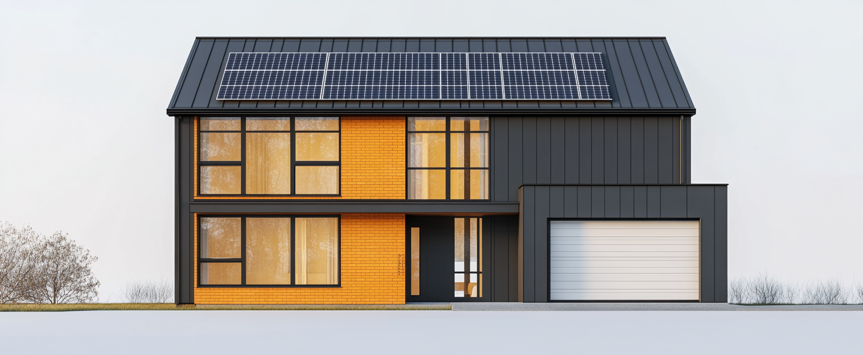 A modern two-story black house with solar panels.