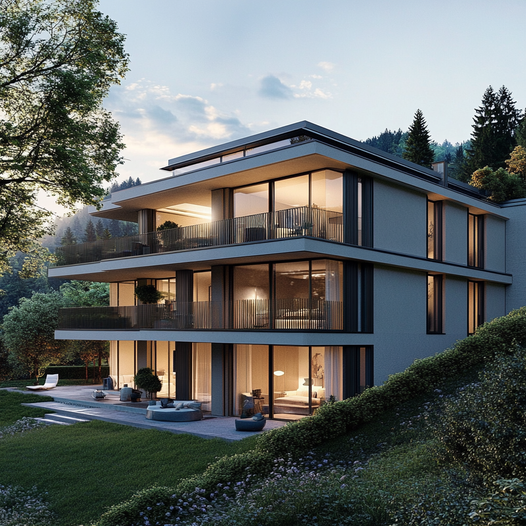 A modern villa with L-shaped balcony in Switzerland