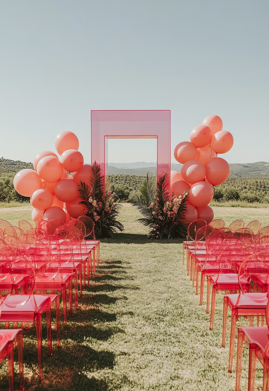 A modern wedding ceremony with pink balloons and ferns