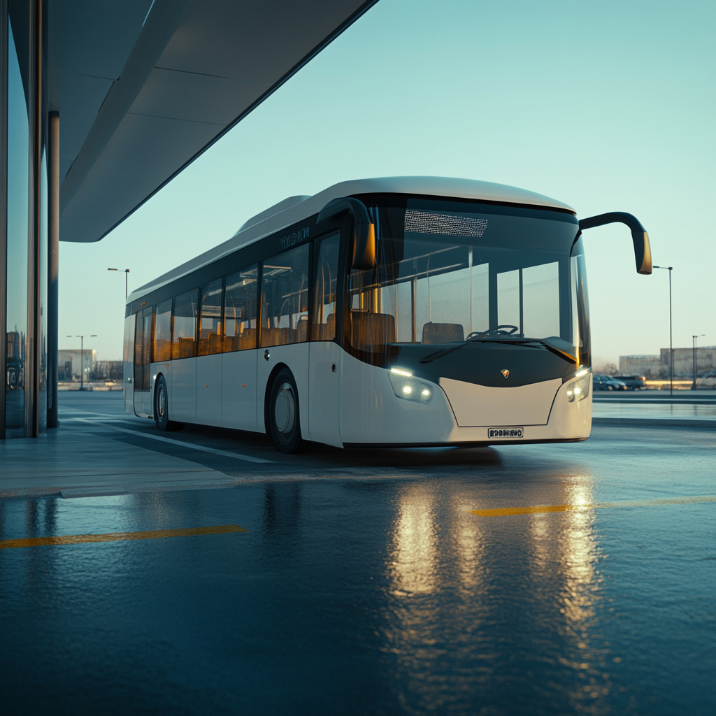 A modern white bus with LED lights parked.