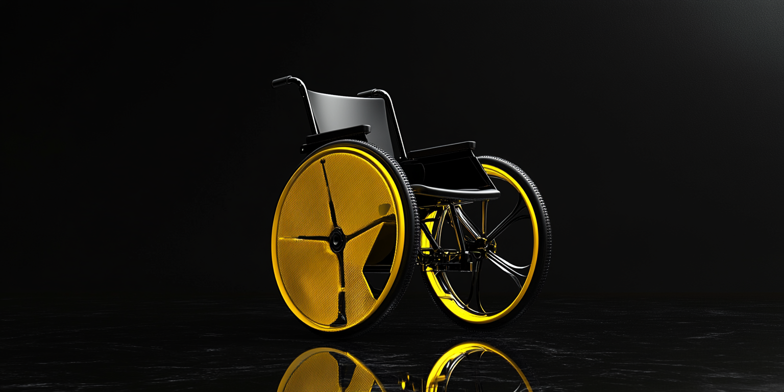 A modern yellow wheelchair on sleek black background.