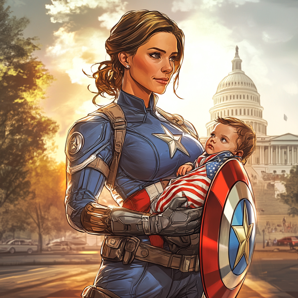 A motherly Captain America holds baby in patriotic blanket.