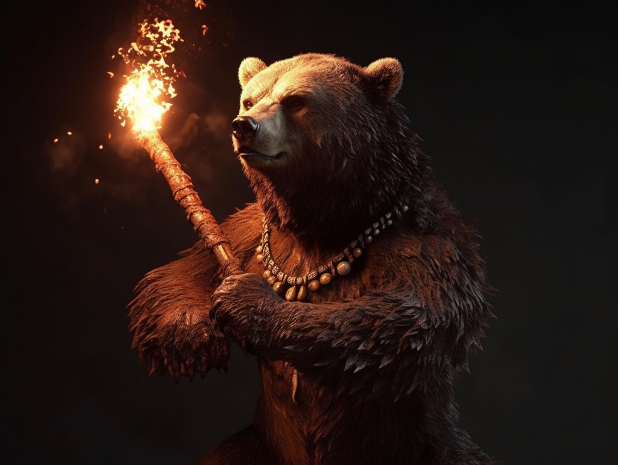 A muscular bear with a flaming spear in 4K.