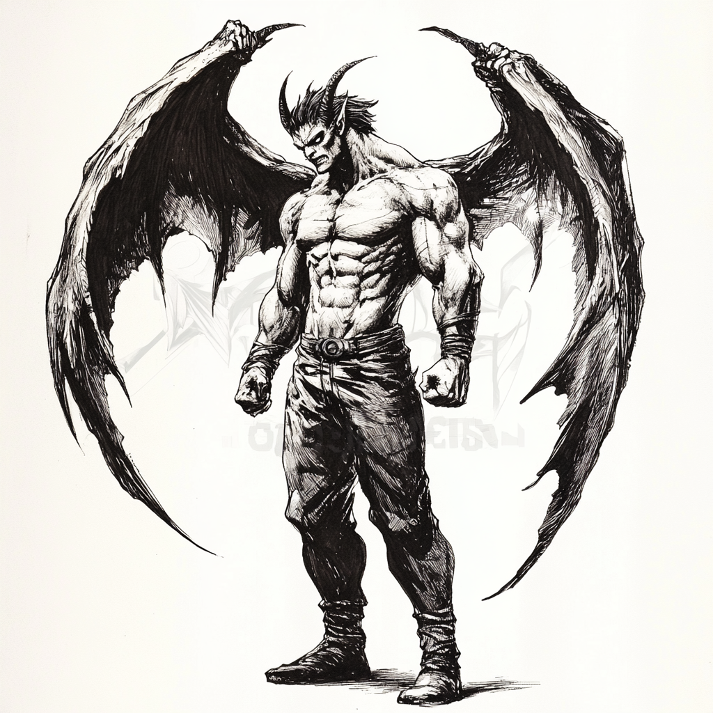 A muscular demon with large wings reaching upwards.