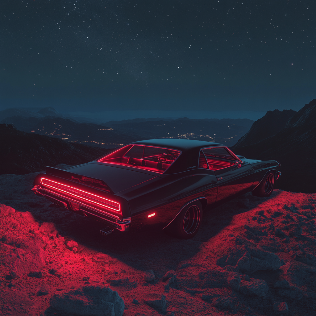 A mysterious 1970s American muscle car on mountain.