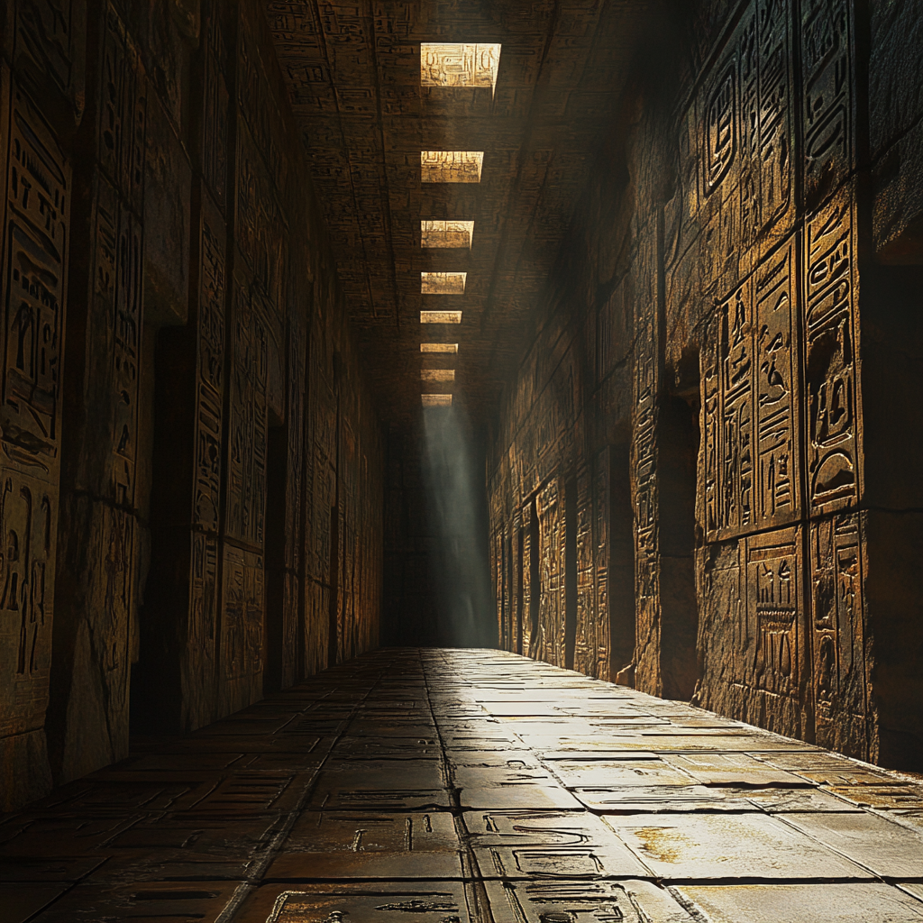 A mysterious Egyptian tunnel with glowing symbols.