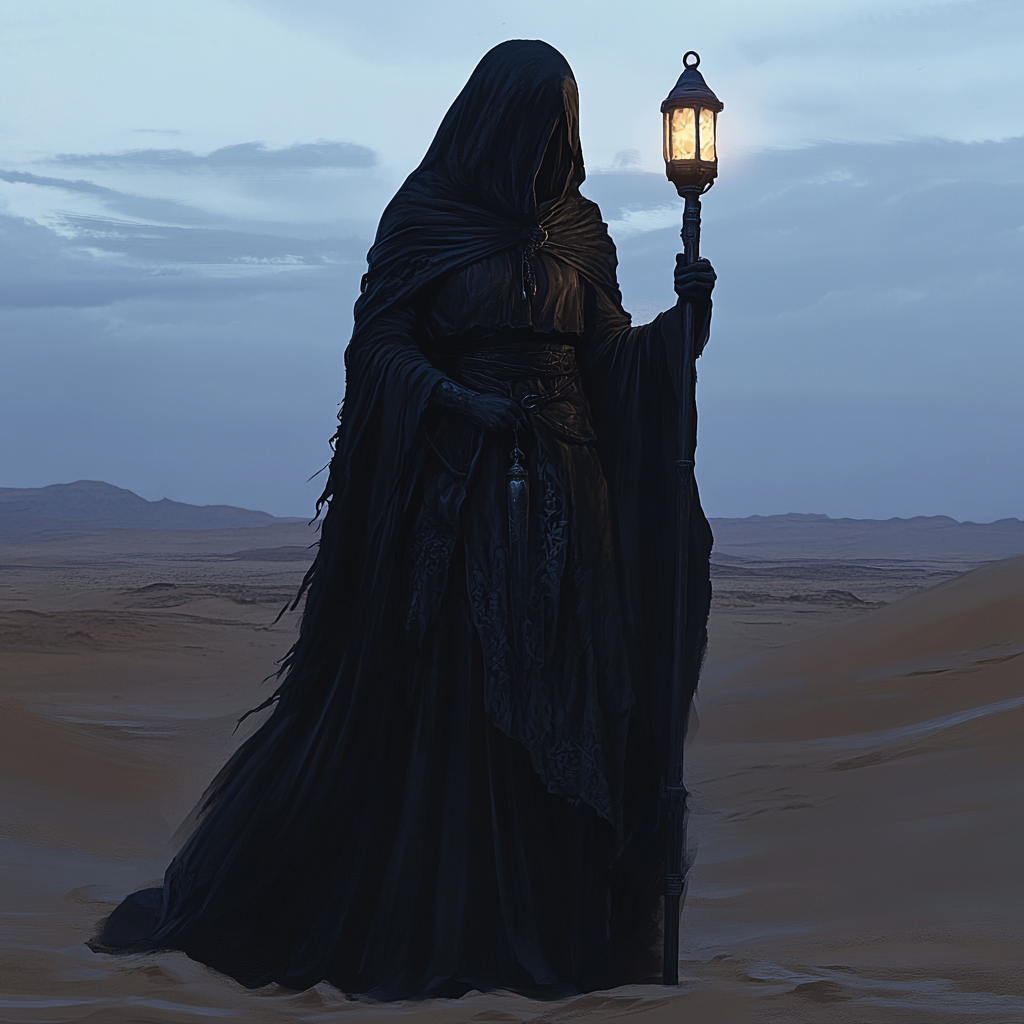 A mysterious female cleric holds lantern in desert.