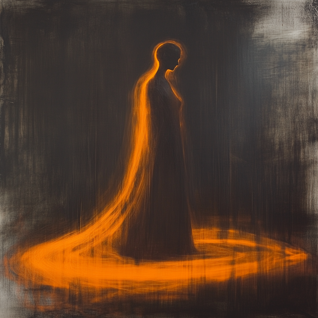 A mysterious figure in glowing orange gown peacefully watches