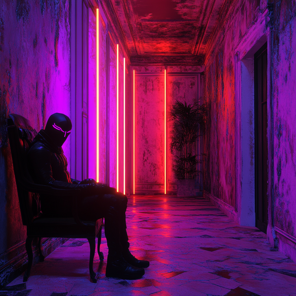 A mysterious man in a room with colorful lights.