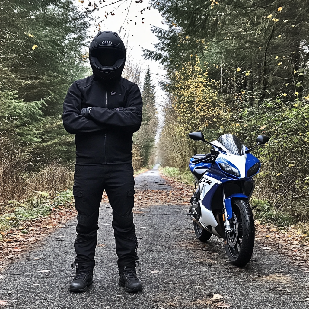 A mysterious man with black outfit and motorcycle