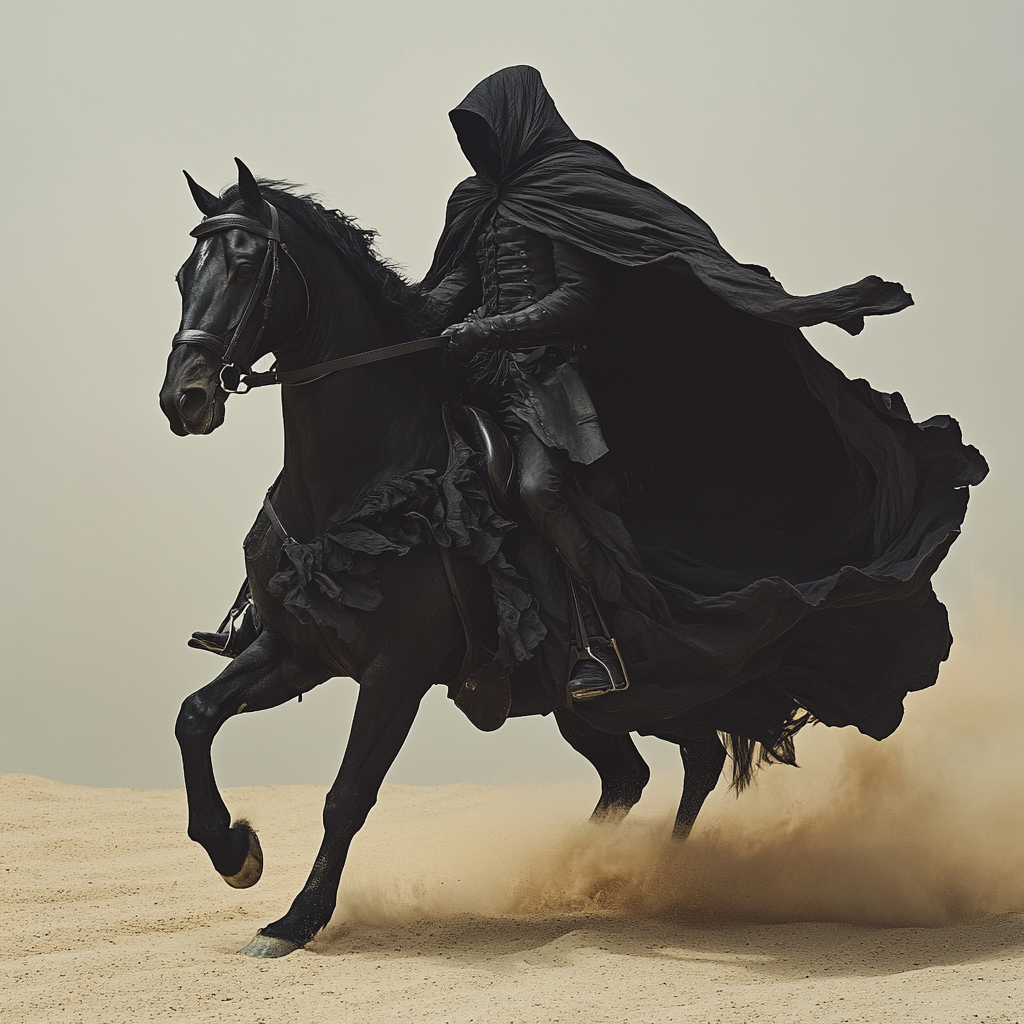 A mysterious rider on black horse galloping forward.