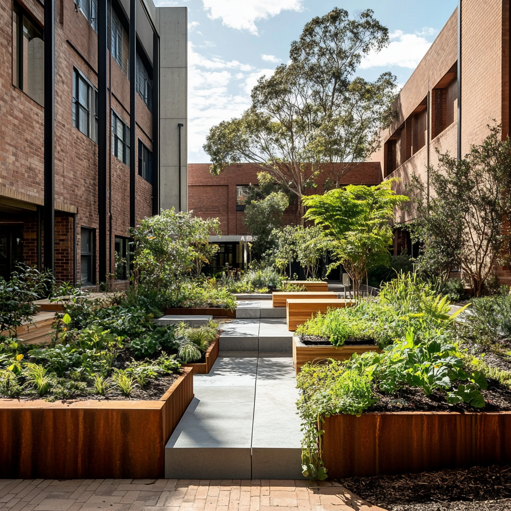 A nature-inspired garden with study area at RMIT