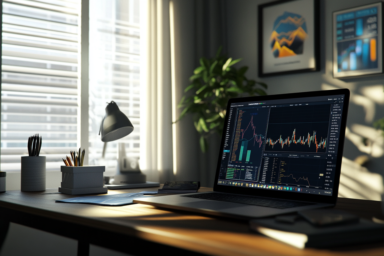 A neat desk with laptop showing investment charts