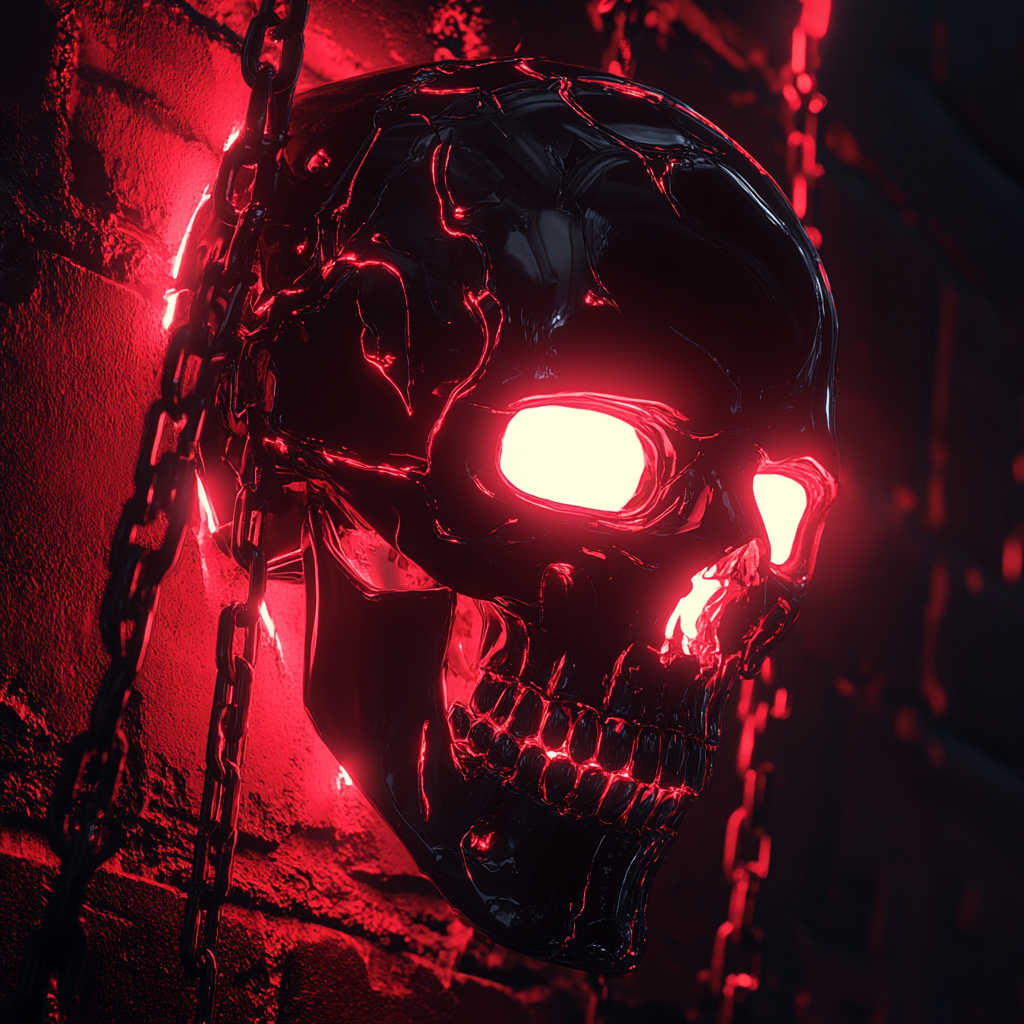 A neon glass cyberpunk skull with glowing eyes.