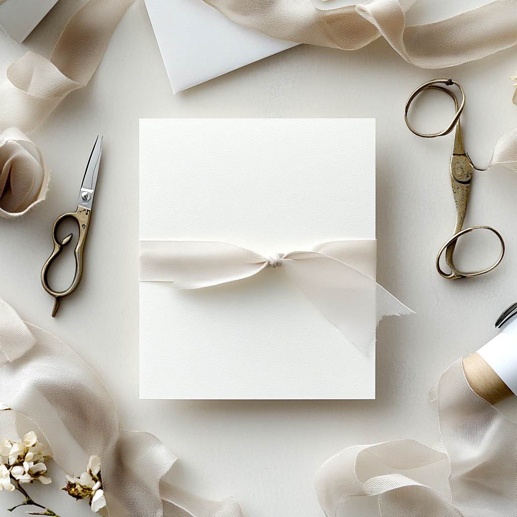 A neutral themed greeting card surrounded by office supplies.