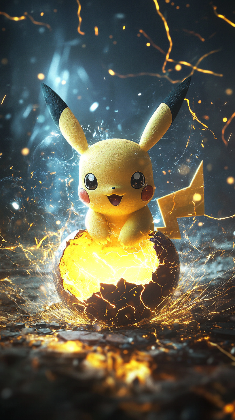 A newborn Pichu with electric sparks in dramatic lighting.