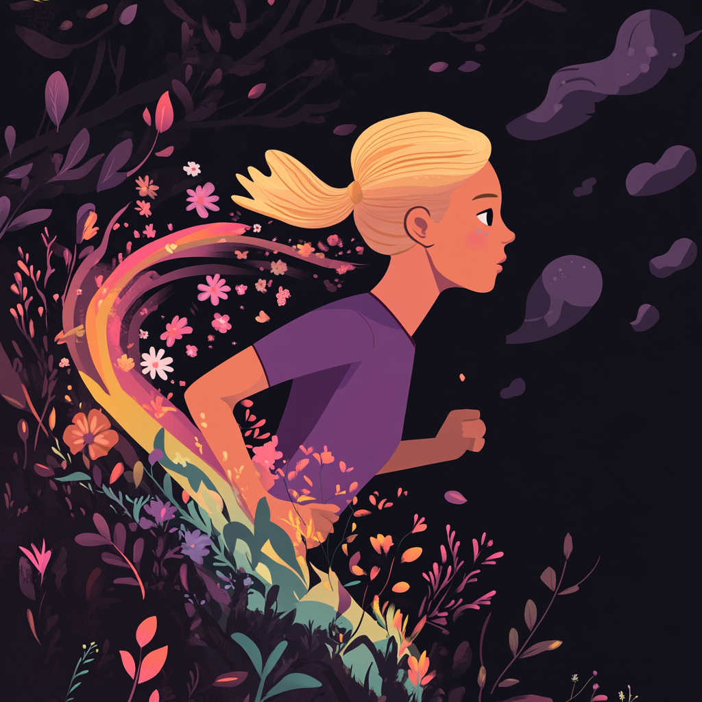 A non-binary person with female features running in forest.