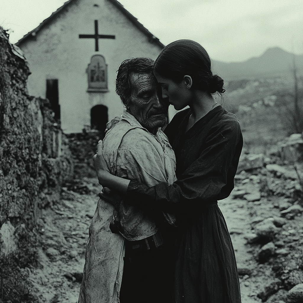 A nurse holding dying man in front chapel