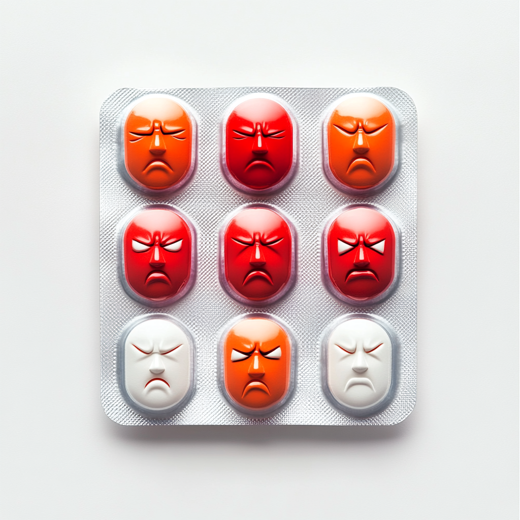 A pack of pills with human faces showing emotions.